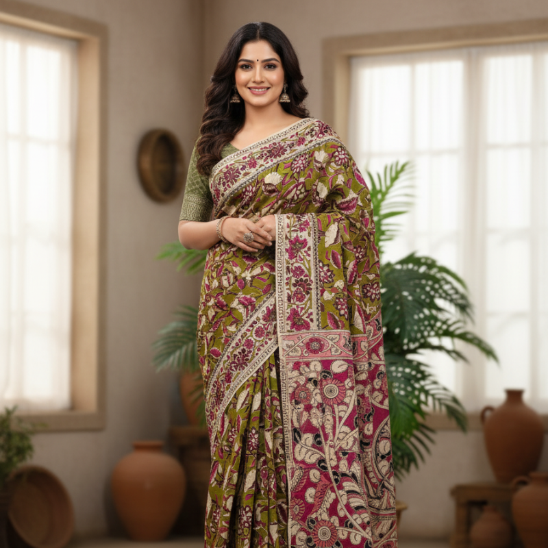 'Kamalamala' Olive Green canvas cotton Kalamkari Saree