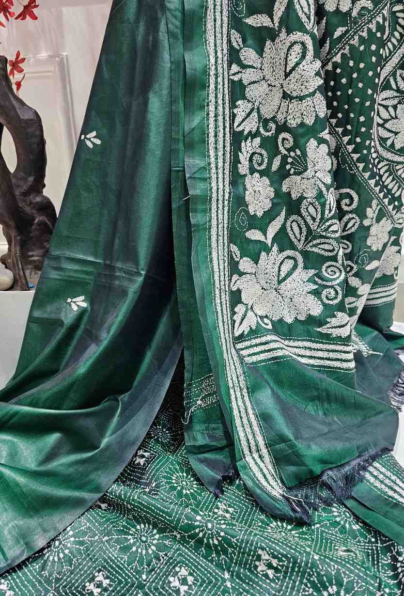 Pure Silk Hand embroidered Green Base Bengal Kantha