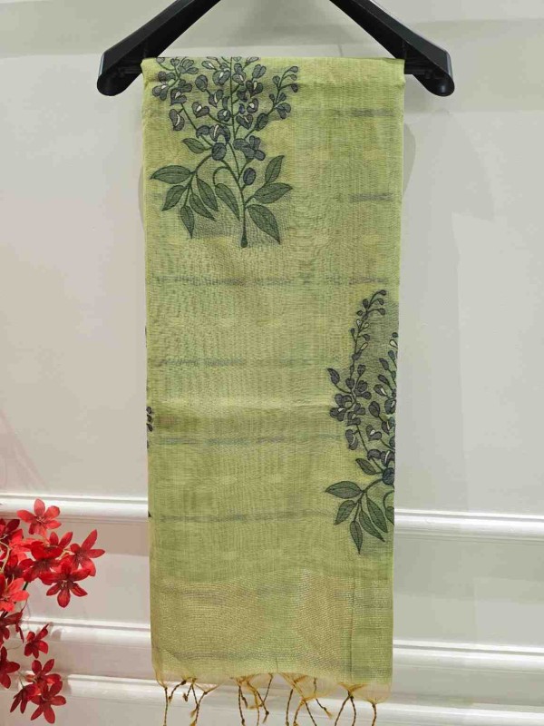 Floral Art Muga Jamdani Saree - Parrot green Blossom