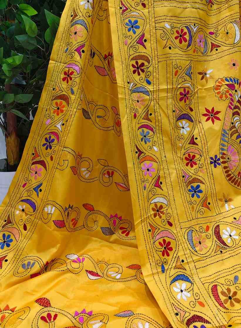 Bangalore Silk Blend Kantha Saree - Yellow with Multicolor Design