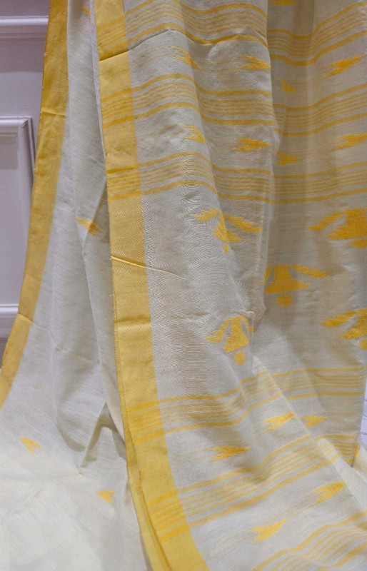 Pure Cotton suti saree - Cream color with Yellow Border