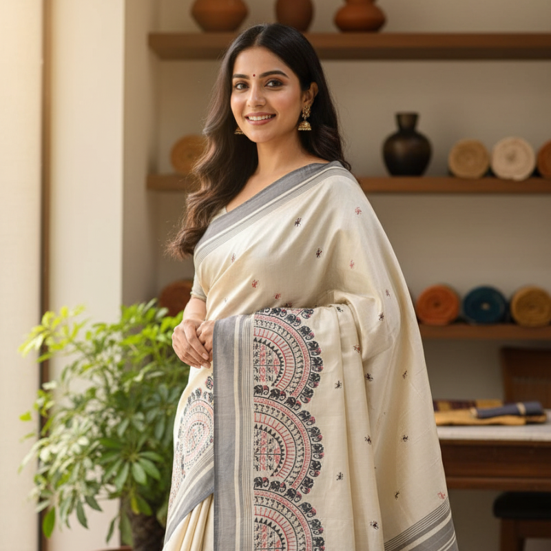 Hand Stitched Soft Tussar Silk with Black Border