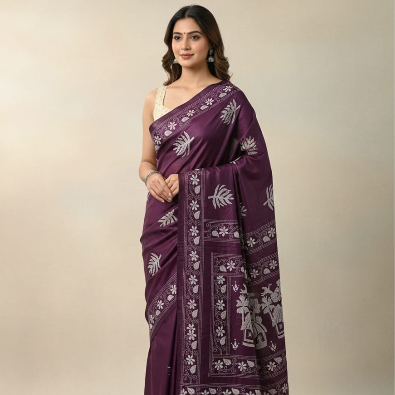 Bangalore Silk Blend Kantha Saree - Burgundy Color with White Nakshi Design