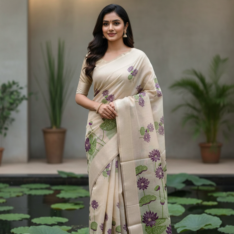 Purple Lily Grove Muga Jamdani Saree