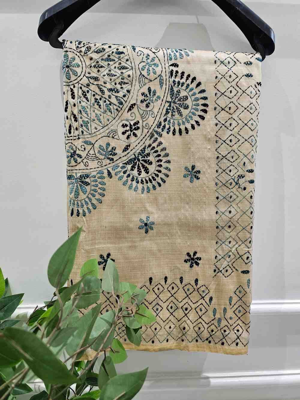 Hand Stitched Fragmented Kadhwa Kantha Saree- Grey