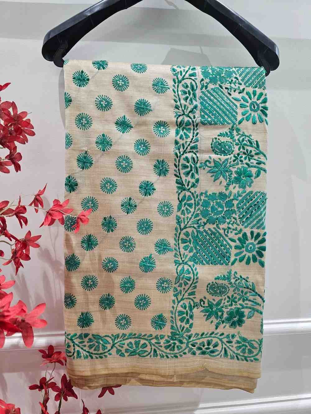 Hand Stitched Kadhwa Kantha Saree- Green