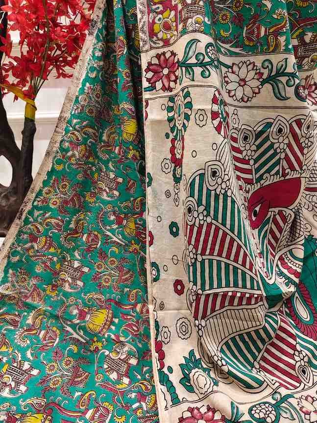 'Nrityangana' Bottle Green canvas cotton Kalamkari Saree