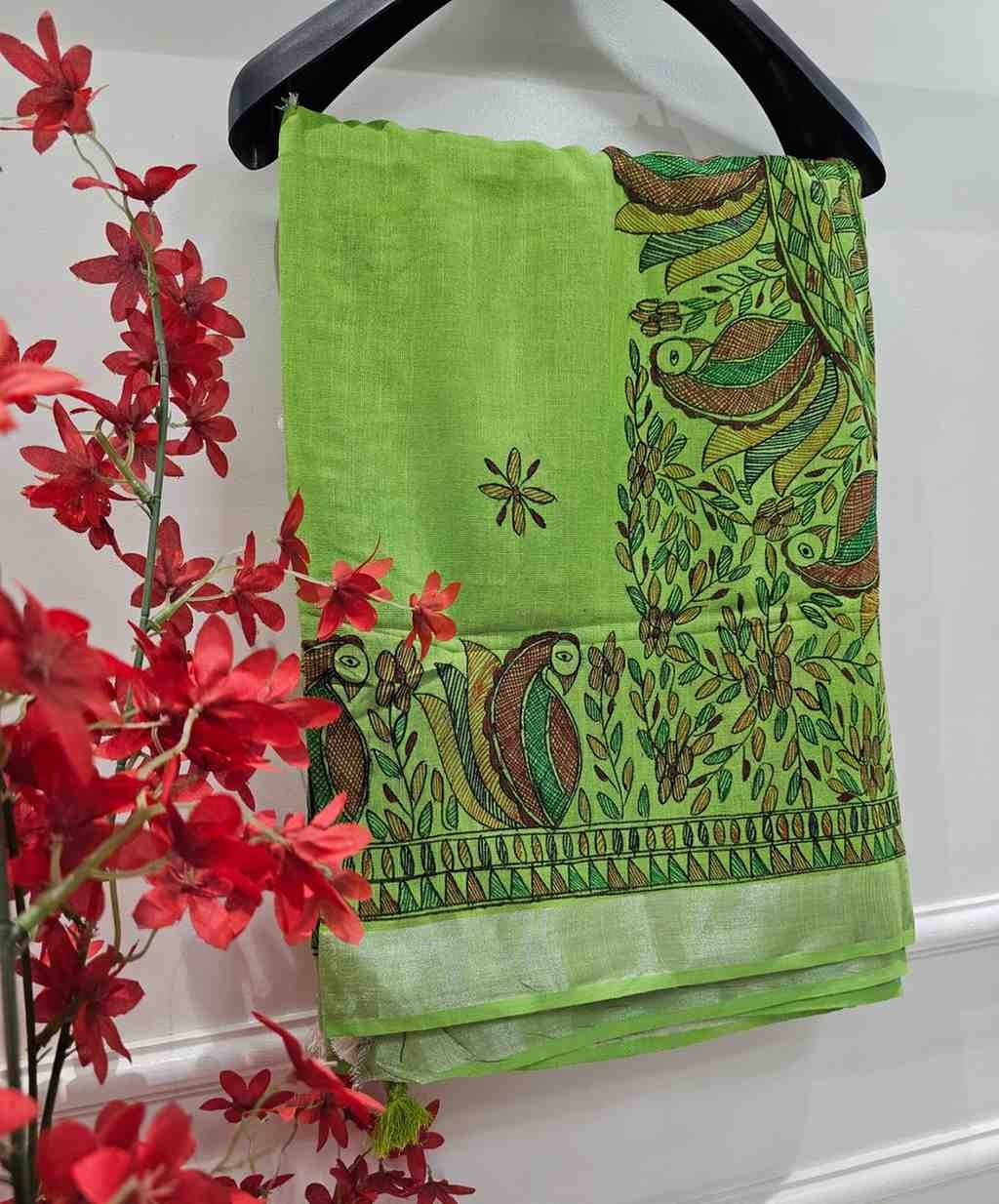 'PANKHI' Green Handpainted Madhubani Blend Saree