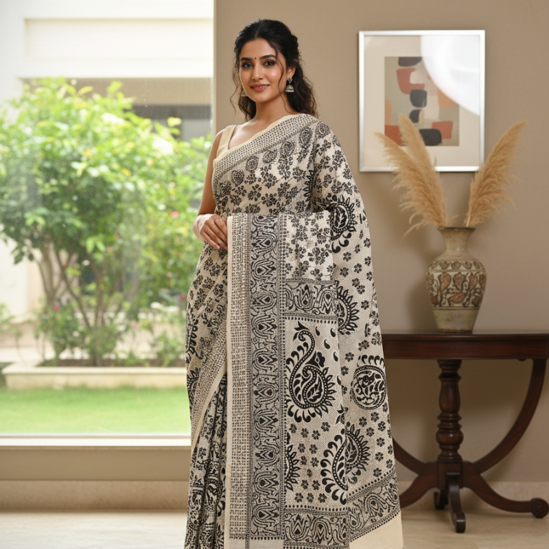 'Kumudini' Off White Canvas with Black Floral motifs  cotton Kalamkari Saree