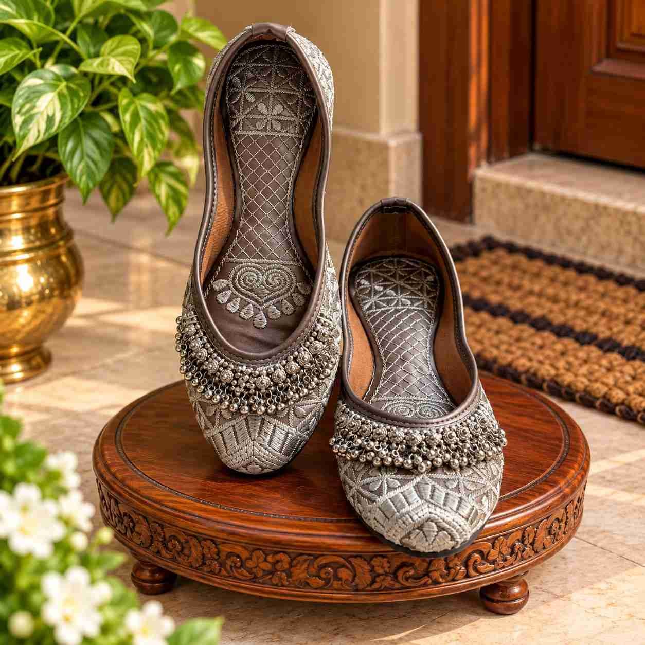 Artisanal Ghungroo Embellished Punjabi Juttis | Elegant Slip-On Flat Footwear with Zari Work for Weddings, Parties & Traditional Styling