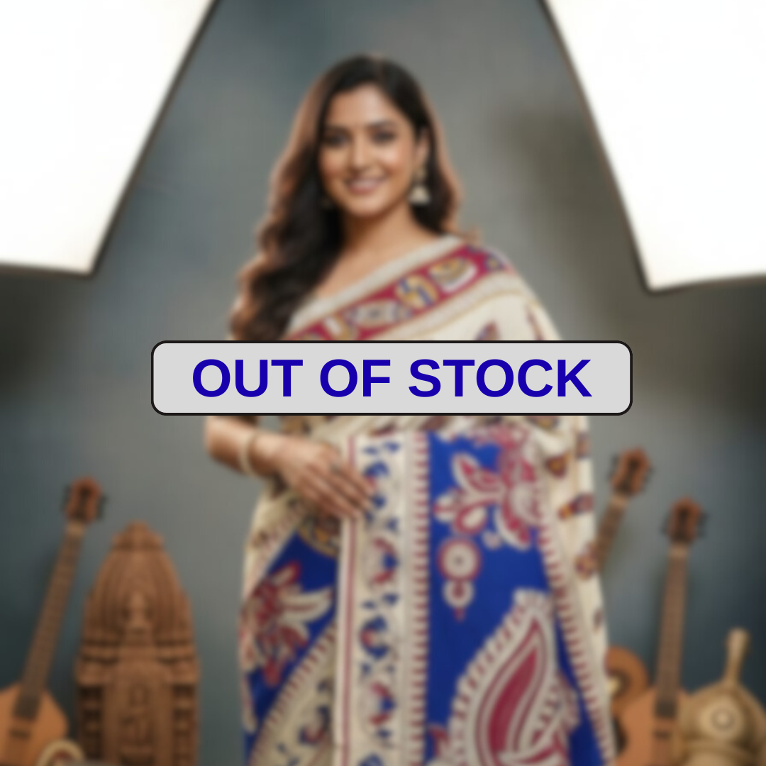 'Vadyarasa' White base with Musical instrument motifs cotton Kalamkari Saree