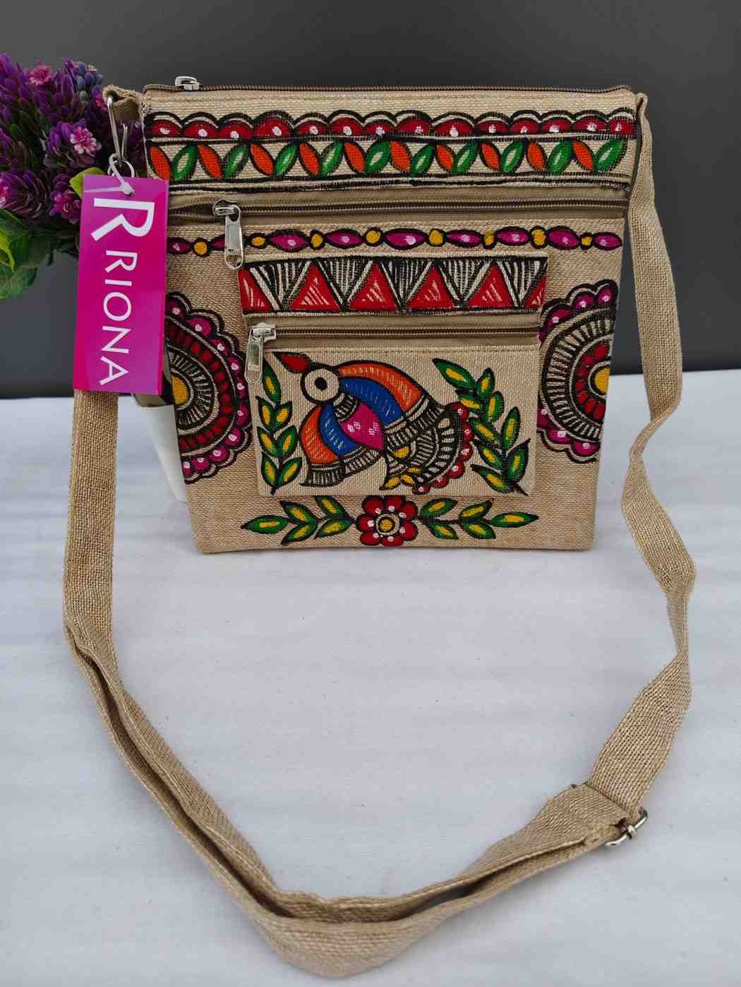 Handpainted Madhubani Double Chain Jute Small Sling Bag - Bird Design