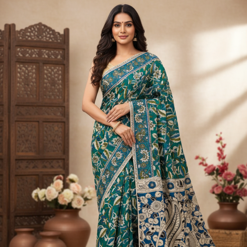 'Indivara' Teal canvas with Lotus motifs cotton Kalamkari Saree