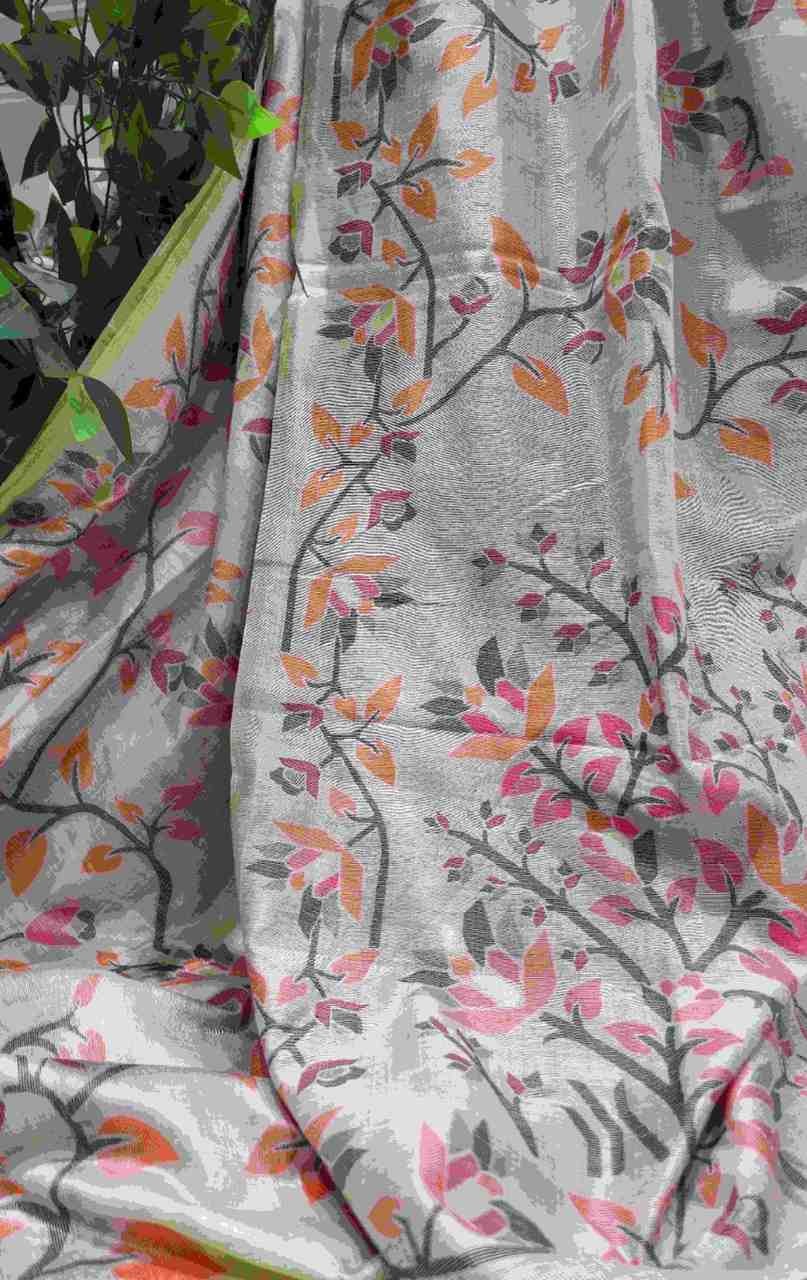 Floral Art Jamdani Saree - Orange Blossom