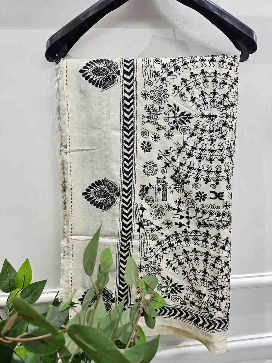 Bangalore Silk Blend Kantha Saree - Pure White with black stitch