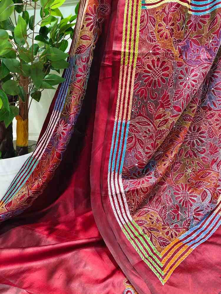 Bangalore Pure Silk Reverse Kantha Saree - Brown