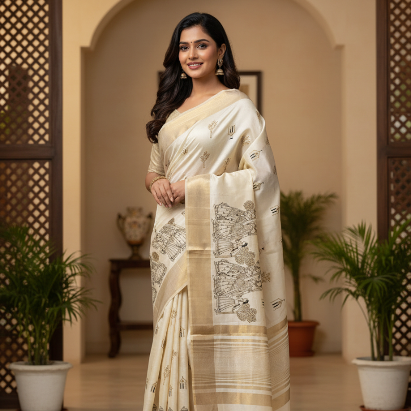 Rural Life Motif Semi Tussar Saree