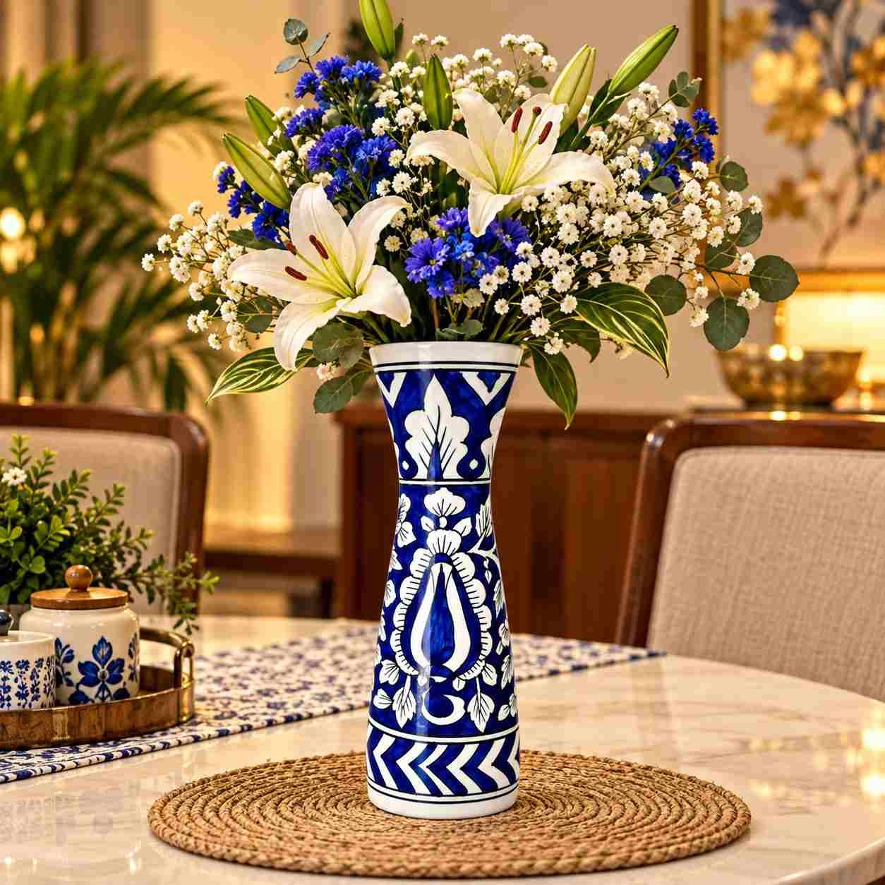 Artisanal Cobalt Blue & White Decorative Vase | Classic Heritage Indian Craft Tall Vase for Floral Arrangements, Interior Styling & Housewarming Gifts