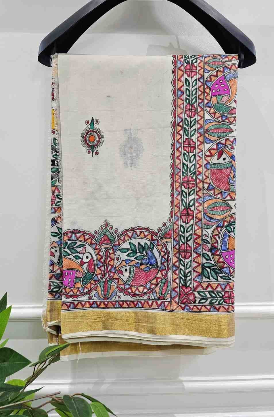 'Radha Krishna' Handpainted Madhubani Blend Saree