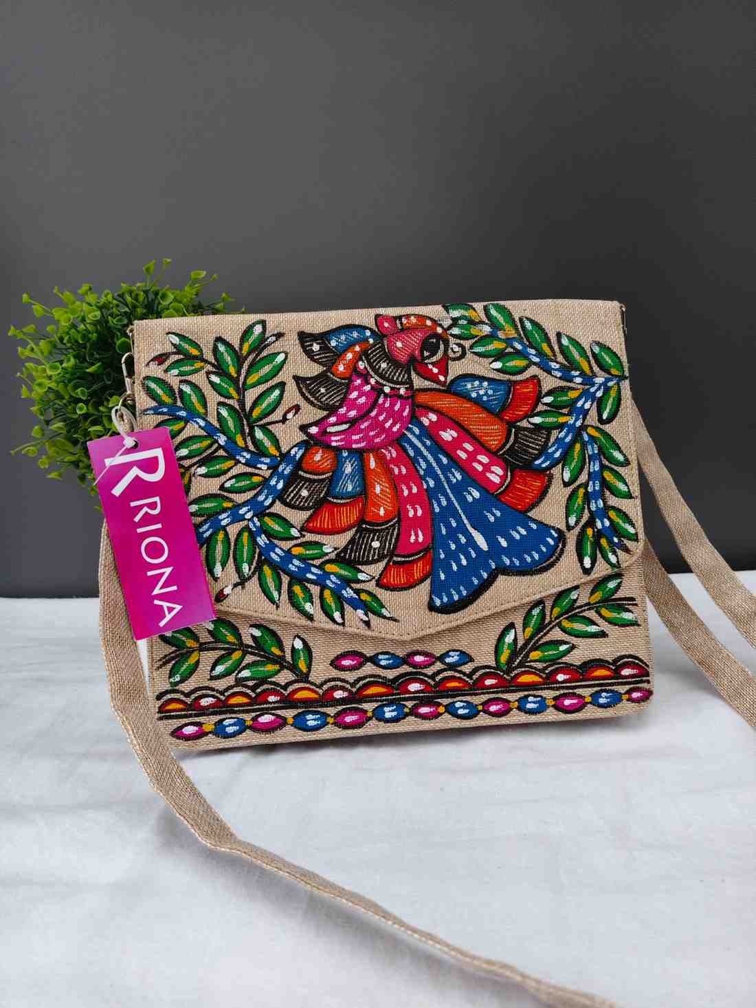 Handpainted Madhubani Jute V cut Sling Bag - Peacock Design