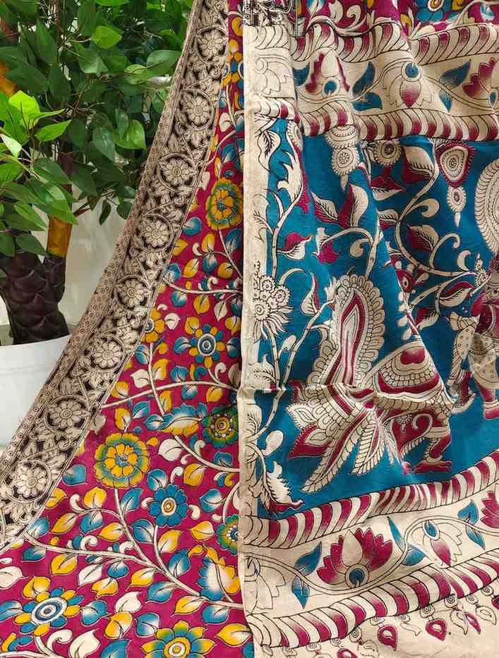 'Tamarparni' Crimson Red canvas with Floral design cotton Kalamkari Saree