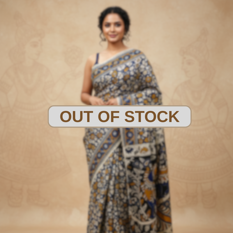'Pushpa Vihar' Royal Blue canvas cotton Kalamkari Saree