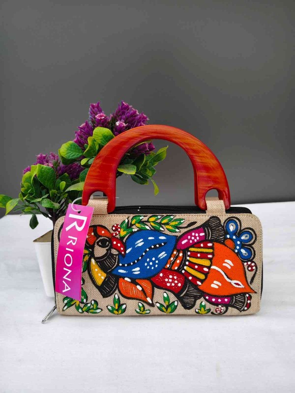 Handpainted Madhubani Jute Bag With Wooden handle - Pakshi  Design