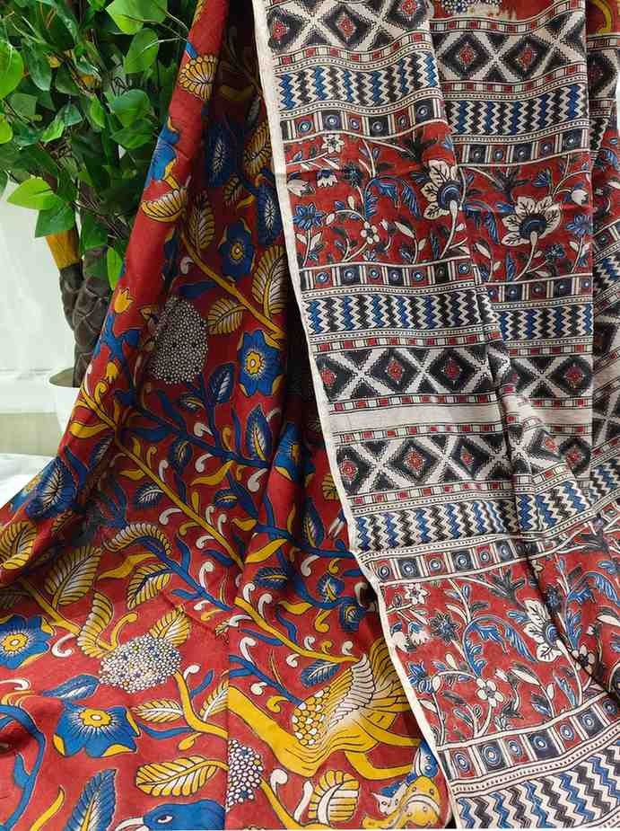 'Chitramayuri' Red canvas cotton Kalamkari Saree