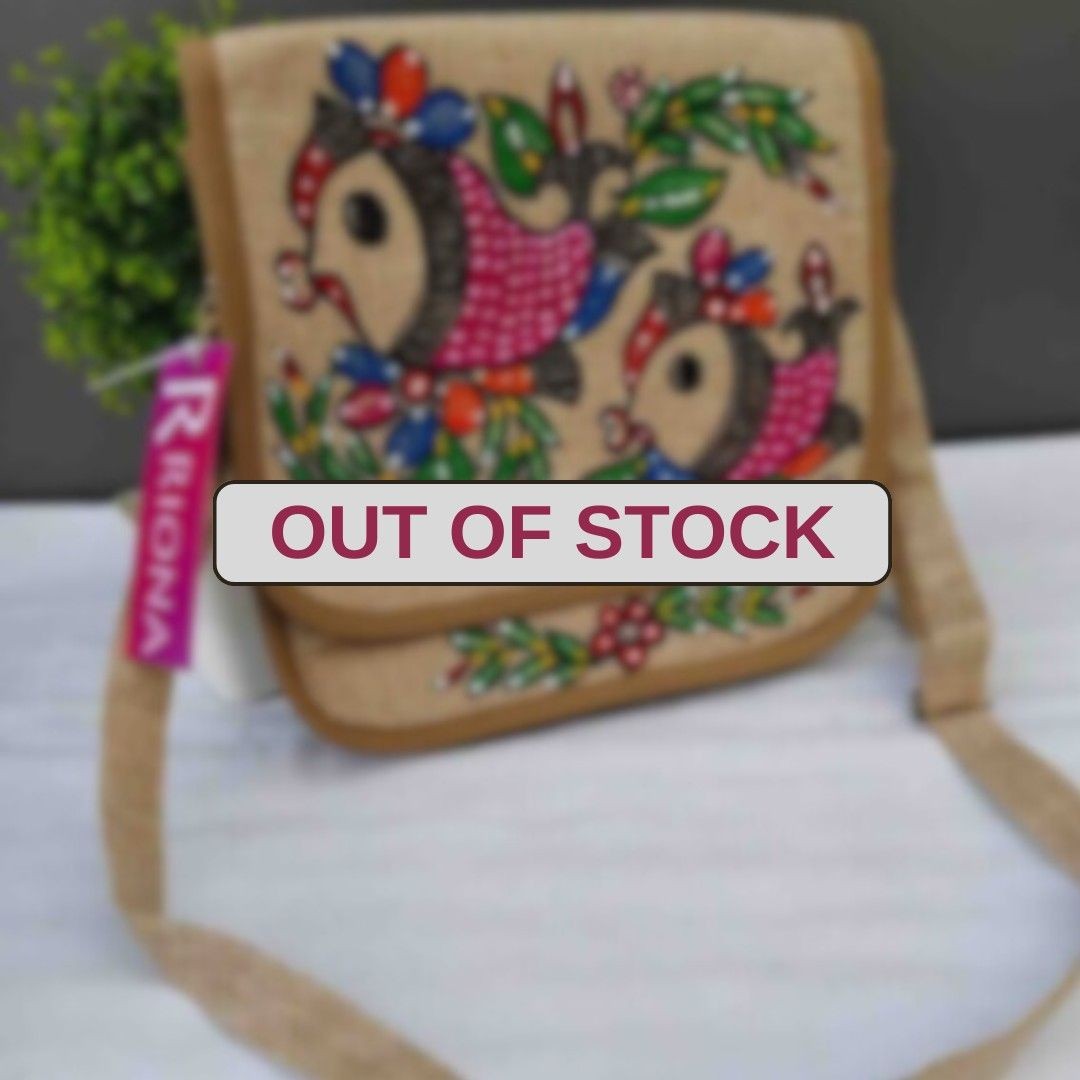 Handpainted Madhubani Jute Round cut Sling Bag - Twin Fish Design