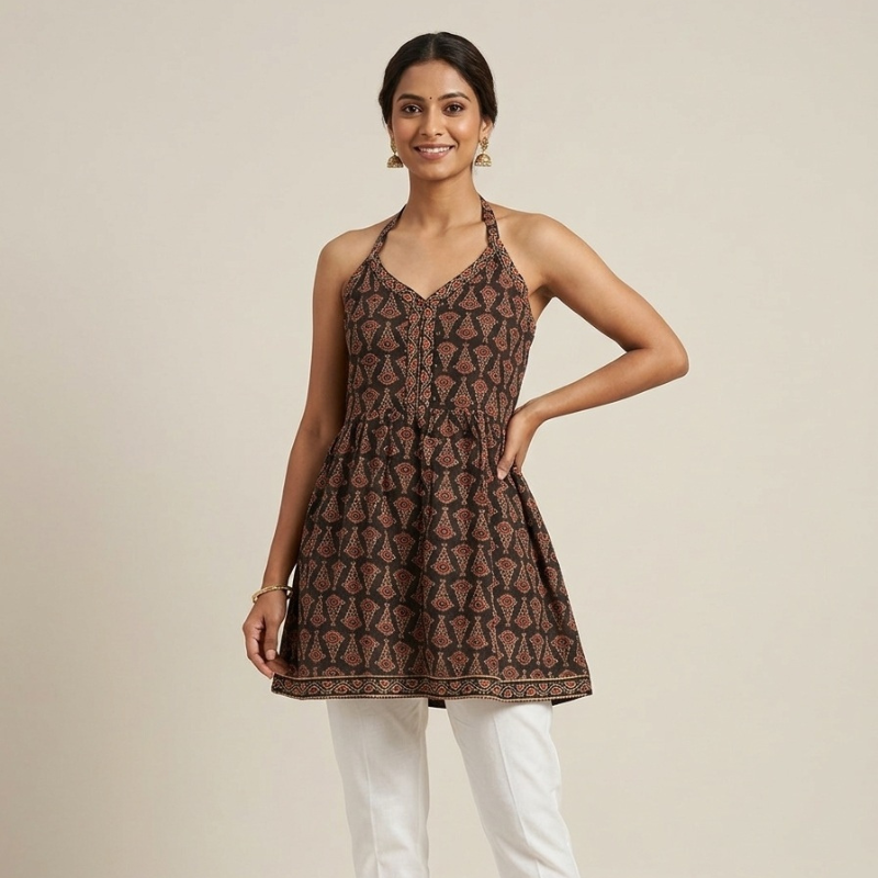 Stylish Halter-Neck Design Ladies Short Kurti