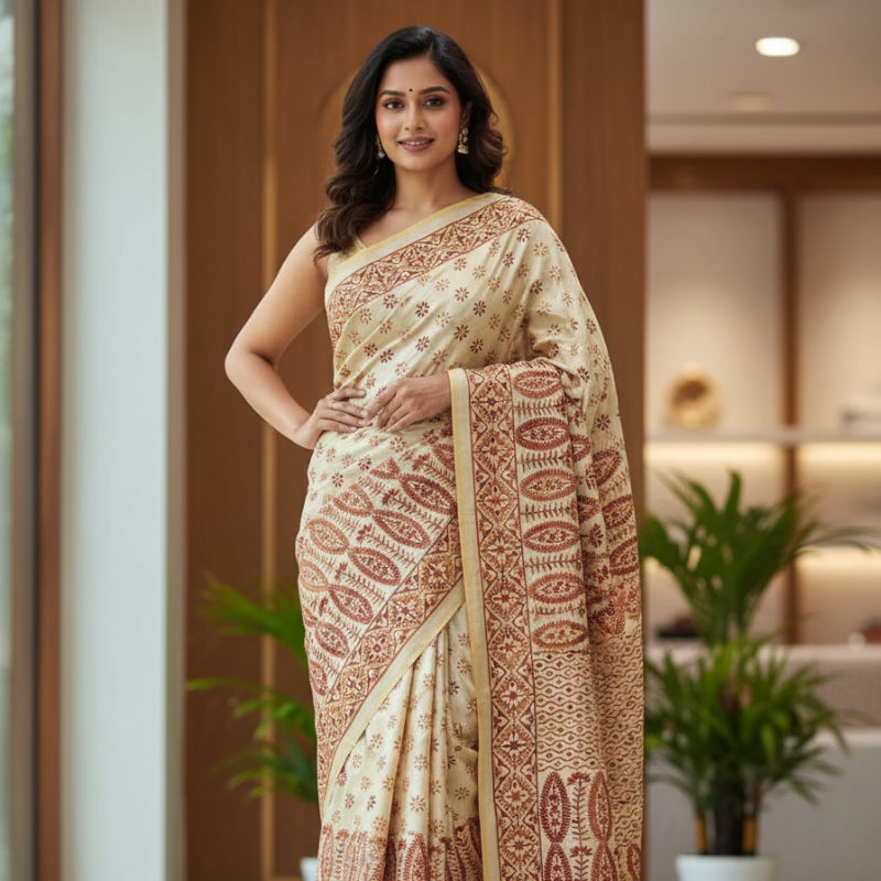 Hand Stitched Kadhwa Kantha Saree - Russet