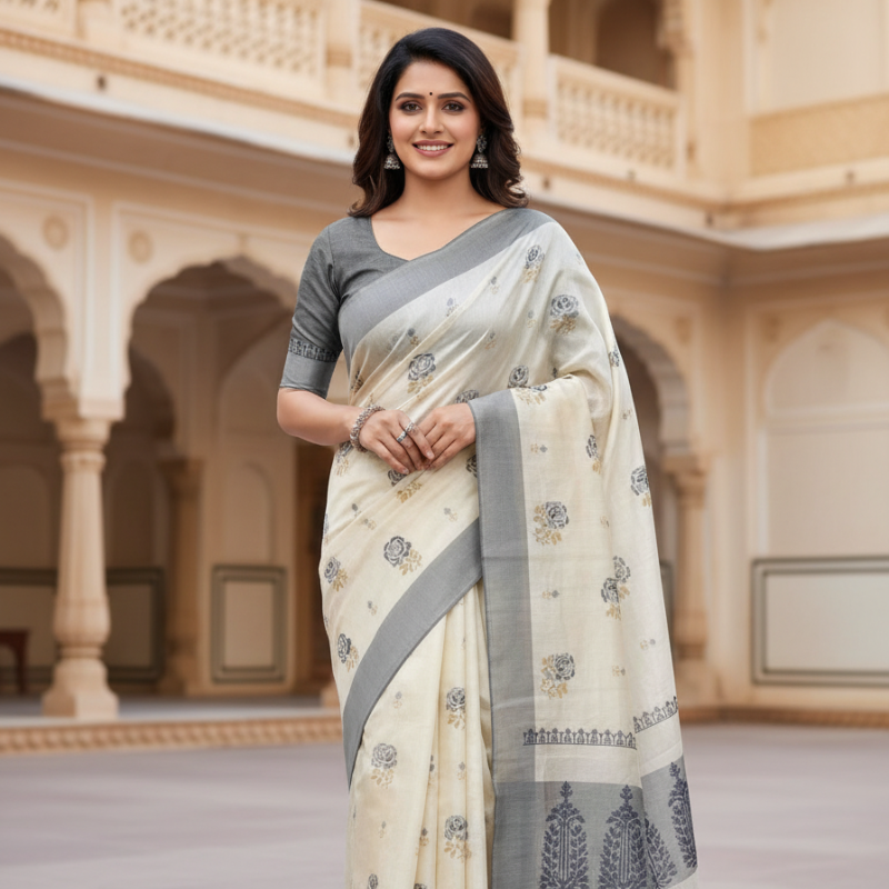 Hand stitched Matka Silk with Grey Border – Rose Design