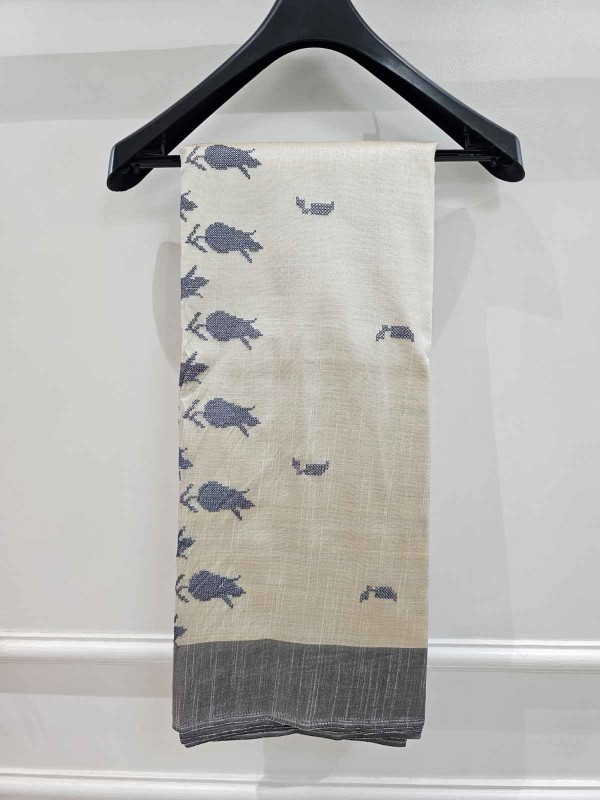 Hand stitched Matka Silk With Grey Border - Tulip Design