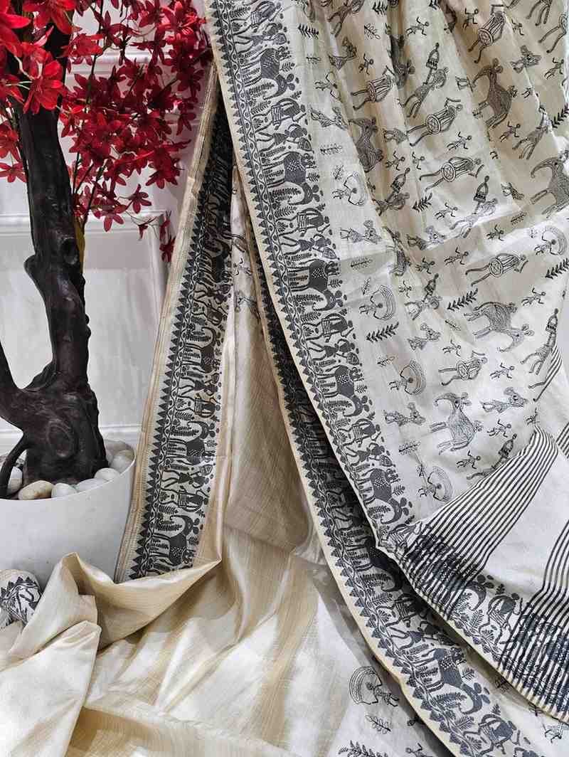 Black Thread Work Tussar Silk Saree- Elephant Motifs
