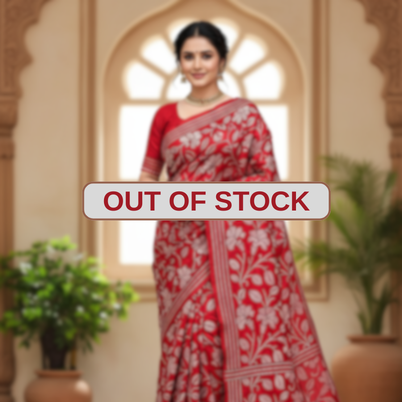 Cornetto Cut Bangalore Silk Kantha Saree - Red with White Floral Design