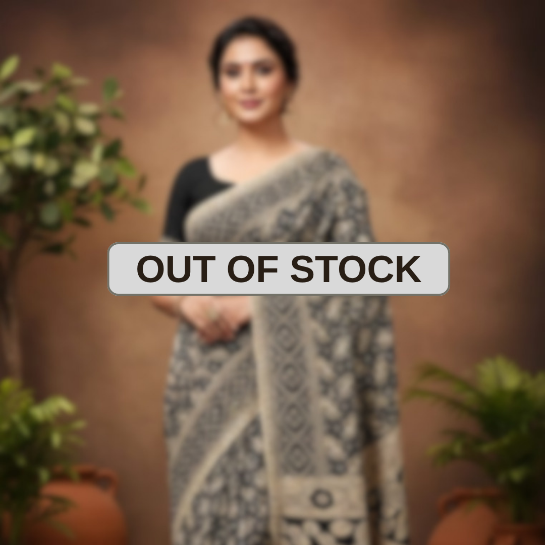 'Tamravallika' off White canvas with Black design cotton Kalamkari Saree