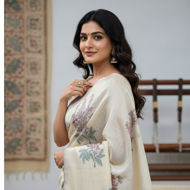 Floral Art Muga Jamdani Saree - off white with Red Blossom