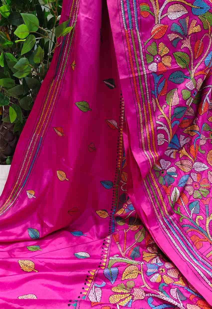 Cornetto Cut Bangalore Silk Kantha Saree - Candy Pink