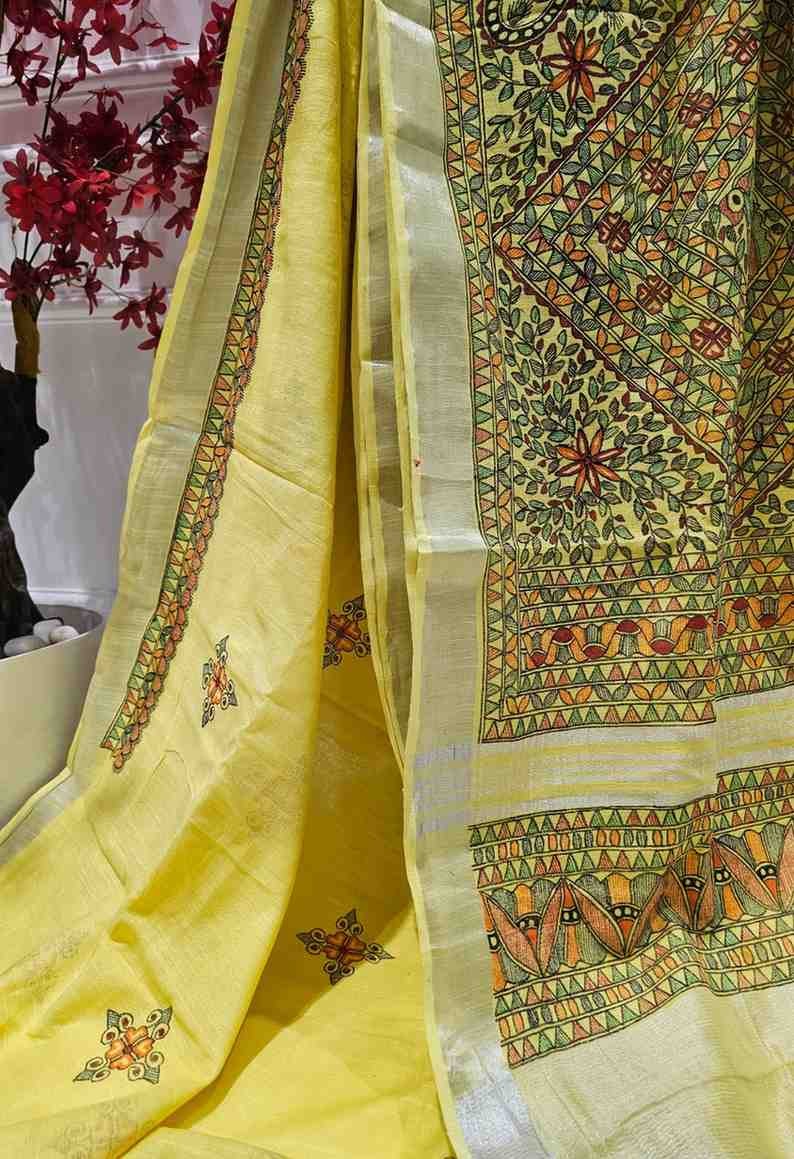 Mayurvan yellow Hand painted madhubani blend saree