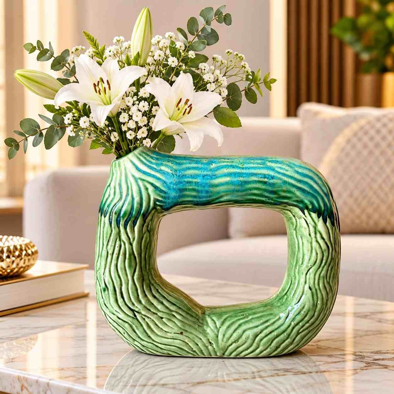 Modern Textured Ceramic Loop Flower Vase | Teal & Sage Green Abstract Donut Vase for Living Room, Dining Table & Centerpiece Home Decor