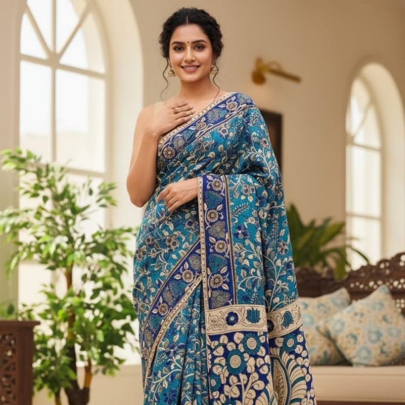'Neelalata' Teal Blue canvas cotton Kalamkari Saree