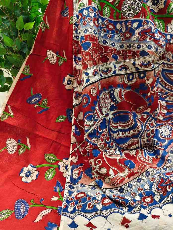 'Mayura-Ragini' Candy Red canvas with Peacock motifs cotton Kalamkari Saree