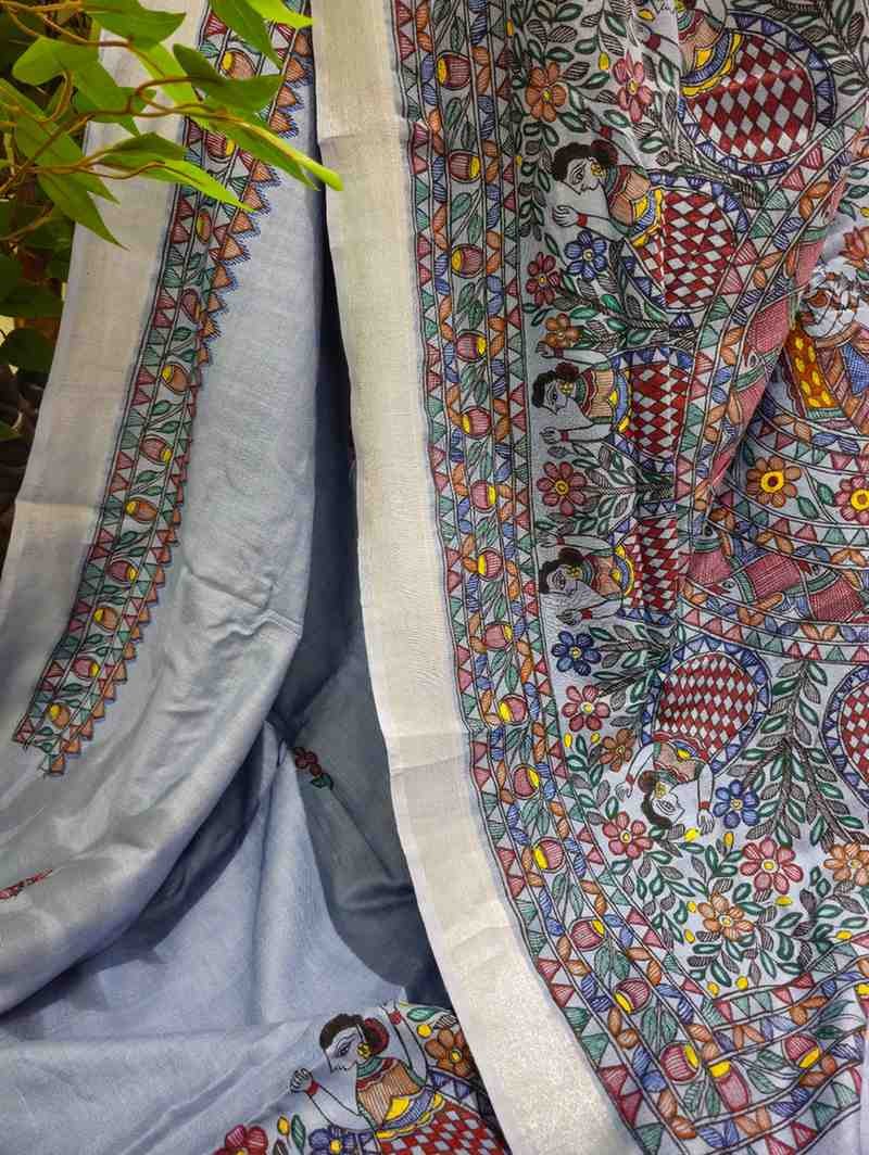 'Neel Nrityaleela' Hand painted  Madhubani Blend Saree