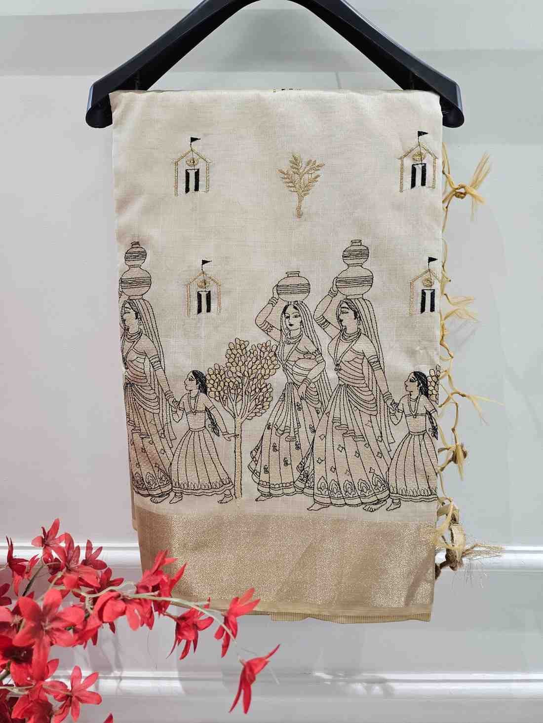 Rural Life Motif Semi Tussar Saree