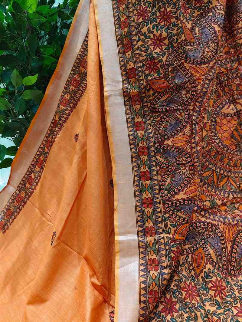 'Agnipankh' Dark Orange Hand Painted Madhubani Blend Saree