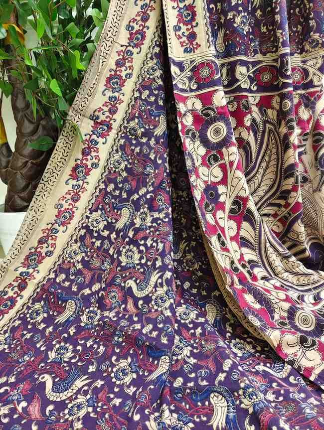 'Kusumataru' Black canvas with Floral and Birds motifs cotton Kalamkari Saree