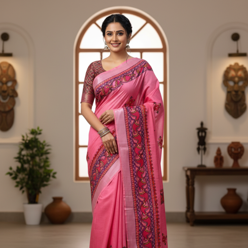 'Gulabi noor' Pink Hand Painted Madhubani Blend Saree