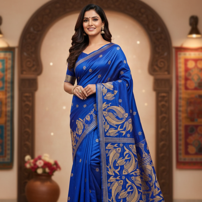 Golden Swim On Blue Bangalore Silk Kantha Saree