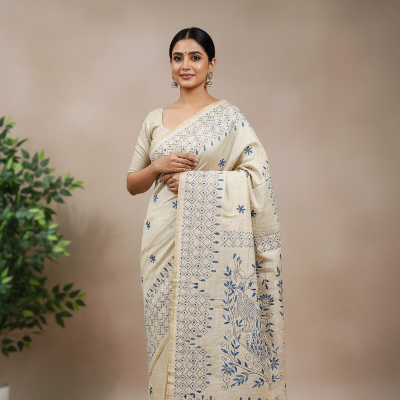 Hand Stitched Fragmented Kadhwa Kantha Saree- Blue Peacock