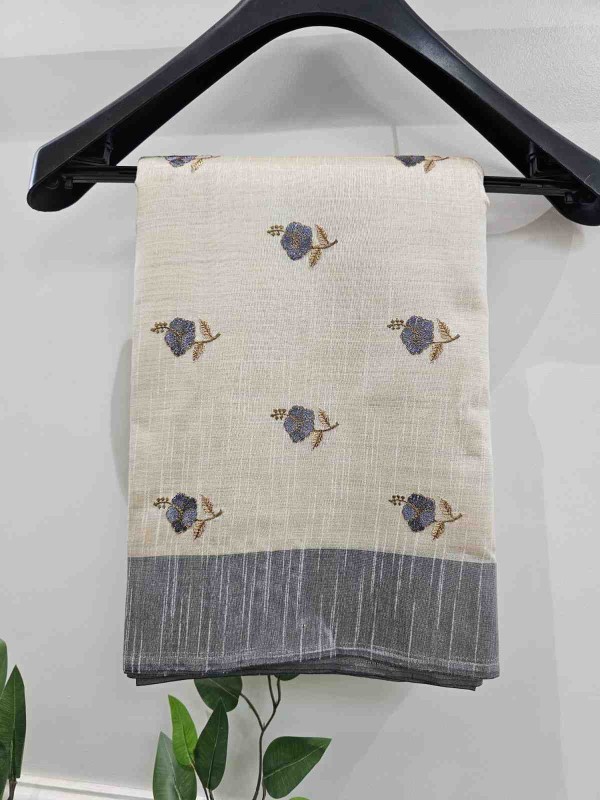 Hand stitched Matka Silk With Grey Border - Hibiscus Design
